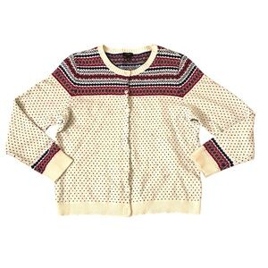 Talbots Lambswool Blend Cardigan Button Up White Pink Black Hearts Size XL